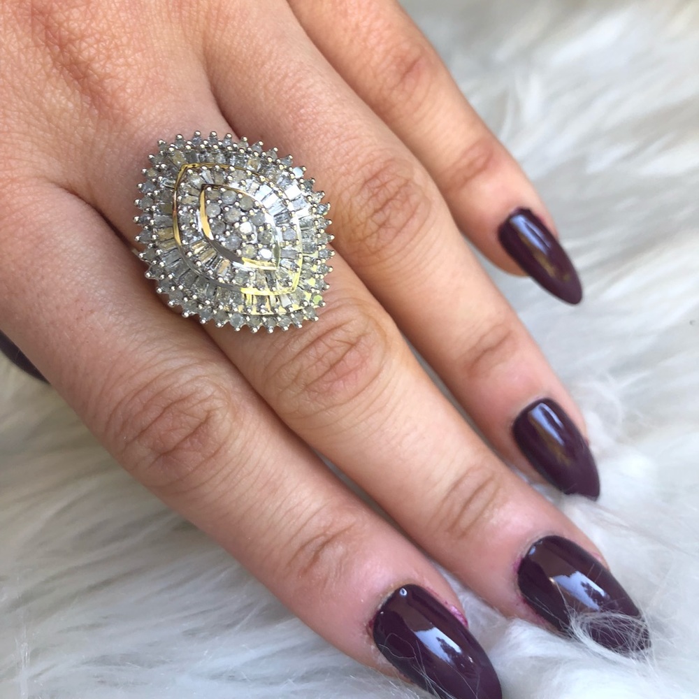 Big Ring! White Diamonds in Sterling Silver Ring, Rhodium Overlay.